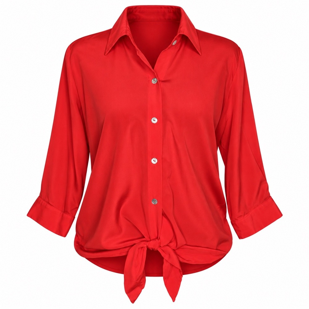 Bill Hallman Blouse S Red Tie Front Satin Y2K Minimalist Quiet Luxury Career